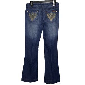 Zana Di Low Rise Flare Jeans Embroidered Vintage 90s Y2K Dark Denim Women 7 Blue